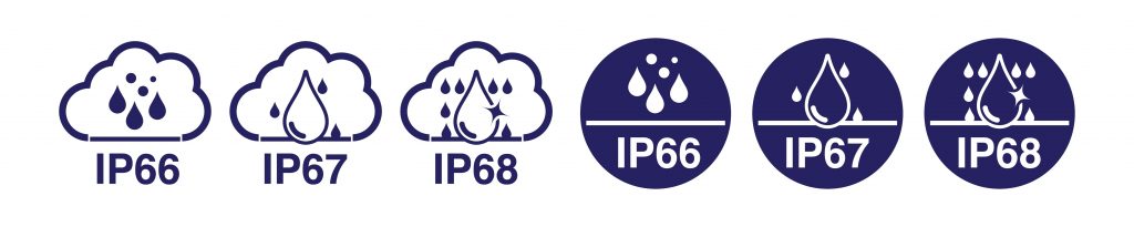 IP66, IP67 and IP68 Waterproof rating, water protective capability. Water and dust protection, water resistance level icon and symbol.