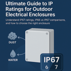 Diagram showing a waterproof electrical enclosure with dust and water ingress indicators, labelled “IP67”.